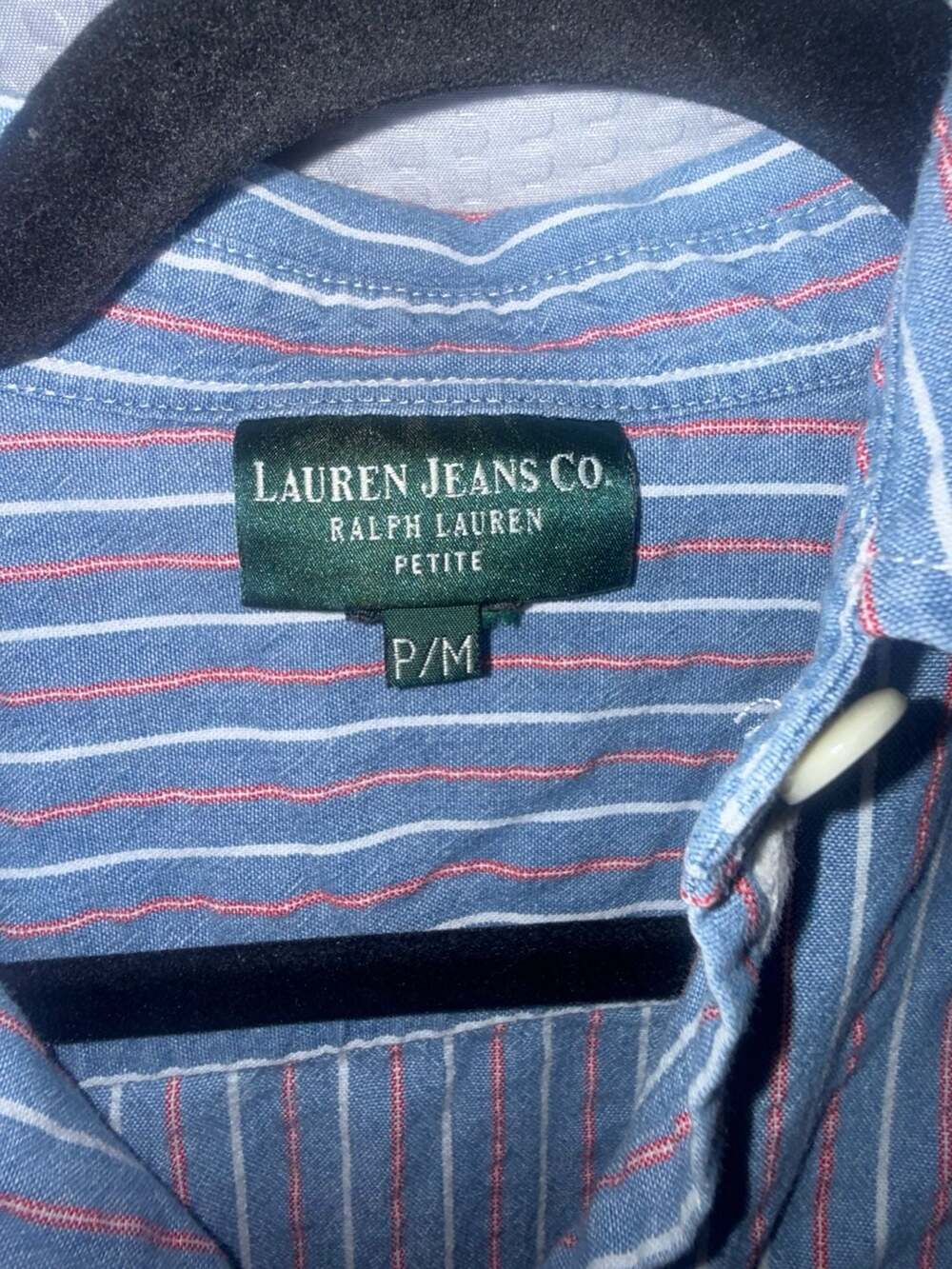 Lauren Jeans Co. Ralph Lauren Petite Blue and Red Striped Long Sleeve Button Dow - Picture 3 of 3